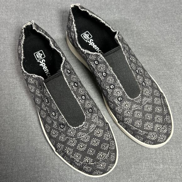 New Spenco Women's Santa Maria Batik Sneaker Size W 9-1/2 B Black Print Slip On - Picture 1 of 9